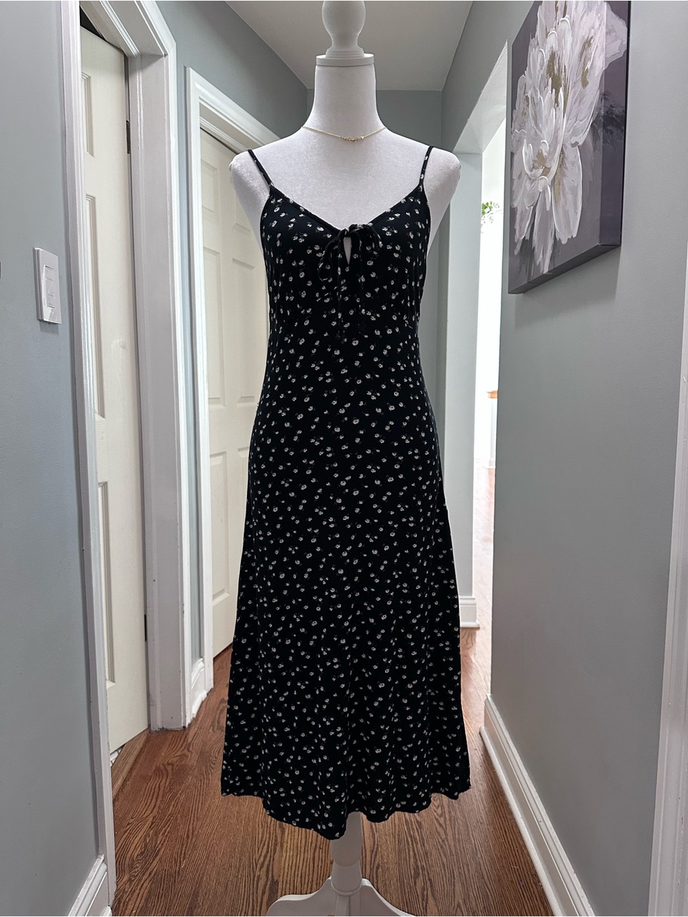 Hollister Black Floral Midi Slip Dress with Tie Front With slit on one side